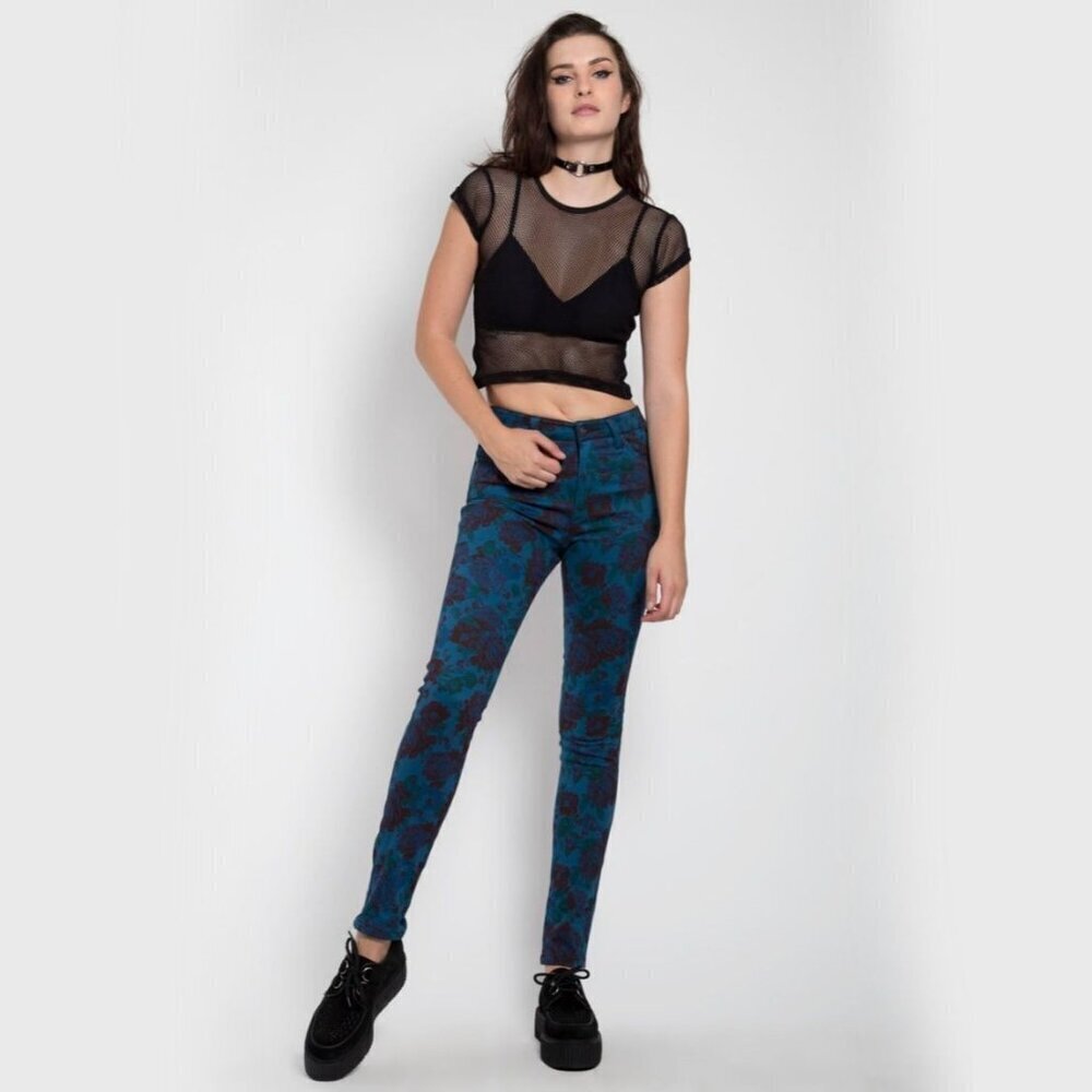 Tripp NYC ✦ Teal Gothic Floral Skinny Jeans ✦ Black Print High-Rise Stretch 26 - Picture 3 of 7